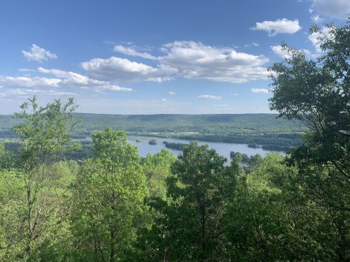 A scenic view of a river surrounded by lush green trees and rolling hills under a blue sky with fluffy clouds.