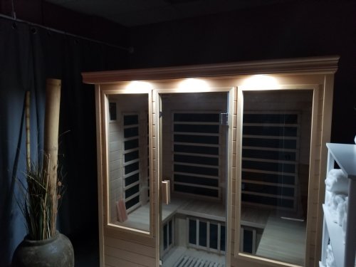 A wooden sauna with glass doors, illuminated by overhead lights, set in a dimly lit room with decorative elements.