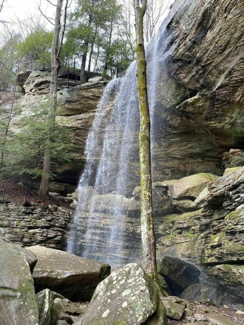 A waterfall cascading over rocky cliffs, surrounded by trees and boulders in a serene natural setting.