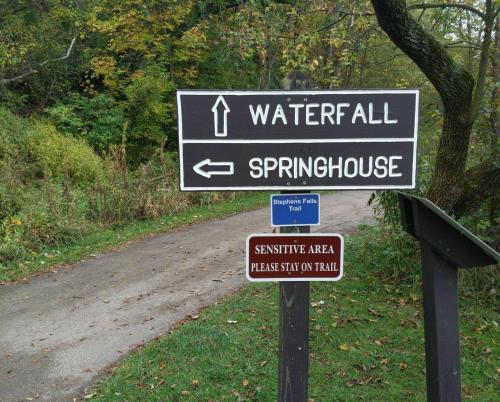 Signpost indicating directions to a waterfall and springhouse, with a warning to stay on the trail in a wooded area.