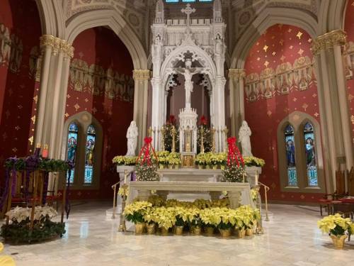 A beautifully decorated church altar with poinsettias, statues, and festive greenery against a richly colored backdrop.