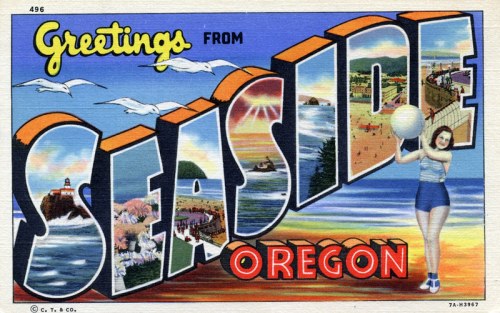Colorful vintage postcard reading "Greetings from Seaside, Oregon," featuring beach scenes and a woman holding a beach ball.