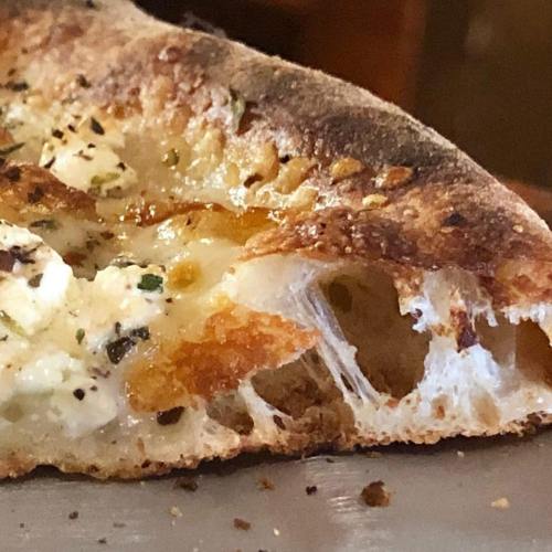 Close-up of a crusty pizza slice with melted cheese and herbs, showcasing a bubbly, airy texture.