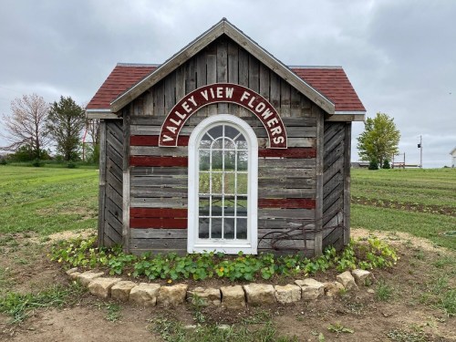 A small wooden flower shop with a curved sign reading "Valley View Flowers," surrounded by greenery and a stone border.