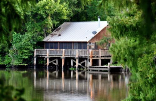 A rustic cabin on stilts by a calm river, surrounded by lush greenery and reflecting in the water.