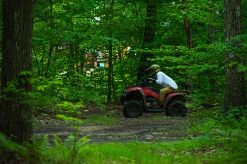 A person riding an ATV through a lush green forest trail surrounded by trees.
