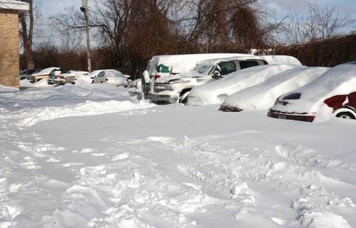 A snowy scene with several cars buried under snow, surrounded by a winter landscape and footprints in the snow.