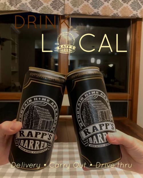 Two cans of Rapp's Barren beer clink together, with a cozy interior in the background. Text promotes local delivery and carryout.