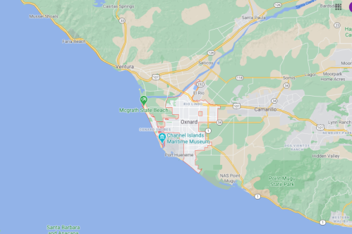 Map showing Oxnard, California, with nearby beaches and the Channel Islands Maritime Museum marked.