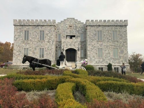 A stone castle with a horse-drawn carriage in front, surrounded by colorful landscaping and people nearby.