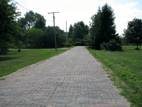 A paved pathway lined with grass and trees, leading into a green, open area under a cloudy sky.