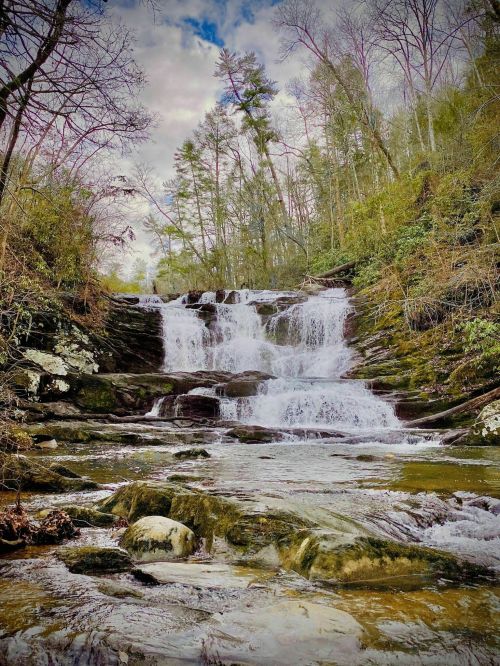 A serene waterfall cascades over rocks, surrounded by lush greenery and trees under a cloudy sky.
