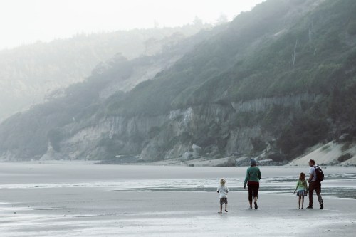 A family walks along a misty beach, with cliffs and greenery in the background.