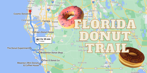 Map of Florida highlighting the Donut Trail with donut graphics and travel time to various donut shops.