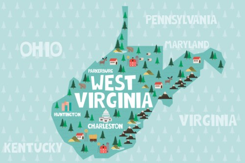 Illustrated map of West Virginia featuring cities, mountains, and wildlife, with neighboring states labeled.
