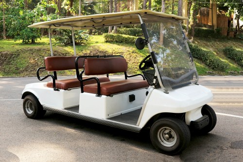 A white golf cart with brown seats parked on a paved path surrounded by greenery.