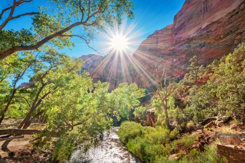 Sunlight beams over a lush green landscape with a river, surrounded by towering red rock cliffs and clear blue skies.