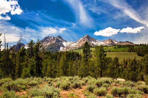 A scenic view of snow-capped mountains under a blue sky, surrounded by lush green trees and shrubs.
