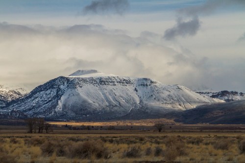 Snow-capped mountains rise under a cloudy sky, with a grassy foreground and distant trees.