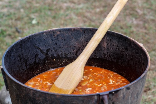 A large pot of soup or stew with a wooden spoon resting inside, set on grass outdoors.