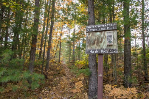 A wooden signpost in a forest, indicating the North Country Trail at Brevor Lake Park, with autumn foliage surrounding the path.
