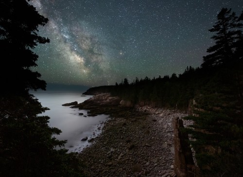 A serene coastal scene at night, featuring a starry sky and the Milky Way over rocky shores and trees.
