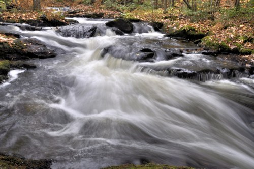 A flowing river cascades over rocks, surrounded by autumn foliage in a serene forest setting.