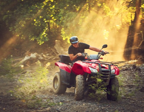 A man rides a red ATV through a forest, kicking up dust in the sunlight filtering through the trees.