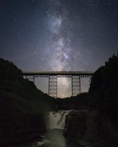 A starry night sky above a bridge, with a waterfall cascading below, surrounded by lush greenery.