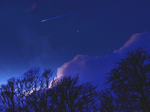 A comet streaks across a starry night sky, framed by silhouetted trees and soft clouds.