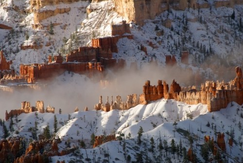 Snow-covered rock formations and pine trees in a misty landscape at Bryce Canyon National Park.