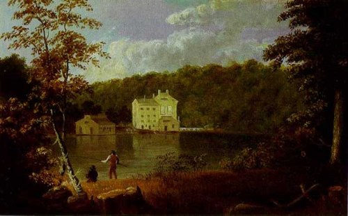 A serene landscape featuring a house by a lake, with trees and two figures near the water's edge.