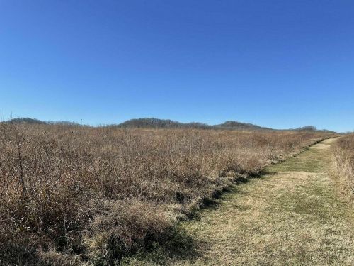 A wide, open field with dry grass and a clear blue sky, featuring a narrow path winding through the landscape.