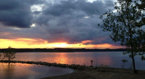 A serene lake at sunset, with colorful clouds reflecting on the water and a tree silhouetted on the shore.