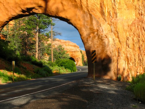 A winding road passes through a natural rock arch, surrounded by trees and rugged terrain under a blue sky.