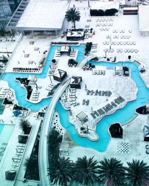 Aerial view of a resort pool area covered in snow, with lounge chairs and palm trees visible.