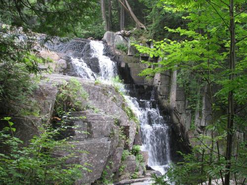 A serene waterfall cascading over rocky terrain, surrounded by lush green foliage and trees.