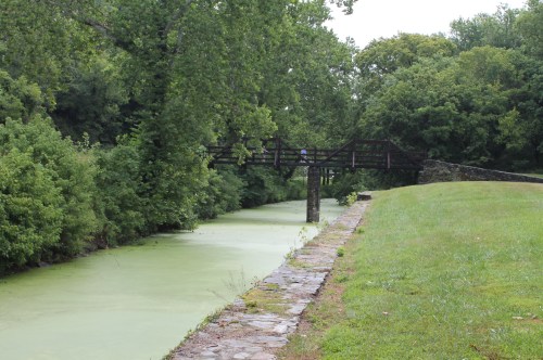 A wooden bridge spans a green river, surrounded by lush trees and grassy banks on a cloudy day.