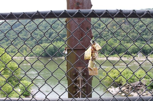A close-up of a chain-link fence with padlocks, overlooking a river and green hills in the background.