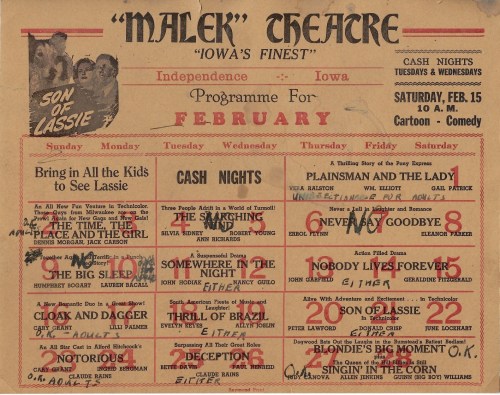 A vintage theater program for "Malek Theatre" in Iowa, featuring February's schedule of films and events.