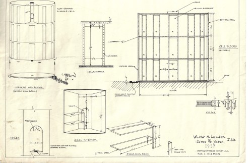 Blueprint of a prison cell design, featuring detailed measurements and layouts for cell blocks and interior components.