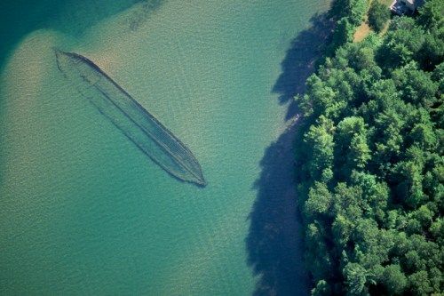 Aerial view of a calm lake with a shadowy boat outline and a lush green shoreline.