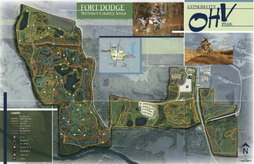 Map of Gypsum City OHV Park in Fort Dodge, Iowa, showing trails, features, and a legend for off-highway vehicle use.