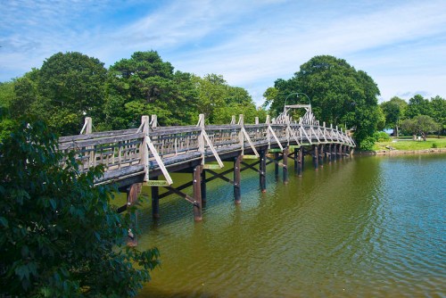A wooden bridge spans a calm body of water, surrounded by lush greenery and a clear blue sky.