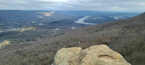 A panoramic view of a valley with a winding river, surrounded by bare trees and distant hills under a cloudy sky.
