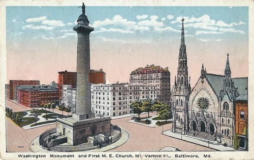 Historic postcard of Washington Monument and First M.E. Church in Baltimore, featuring buildings and a pastel sky.