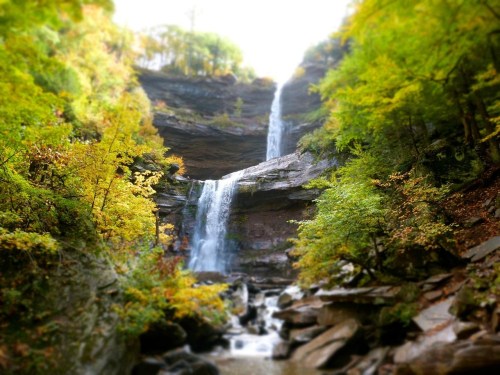 A serene waterfall cascades down rocky cliffs, surrounded by vibrant autumn foliage and a tranquil stream below.