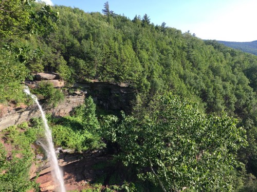 A waterfall cascading down a rocky cliff, surrounded by lush green trees and a clear blue sky.
