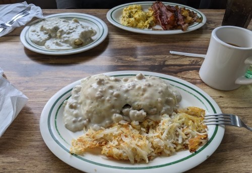 A plate of biscuits and gravy with hash browns, alongside scrambled eggs and bacon in the background. Coffee cup on the side.