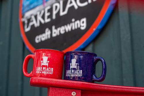 Two mugs, one red and one blue, sit on a red bench in front of a Lake Placid craft brewing sign.